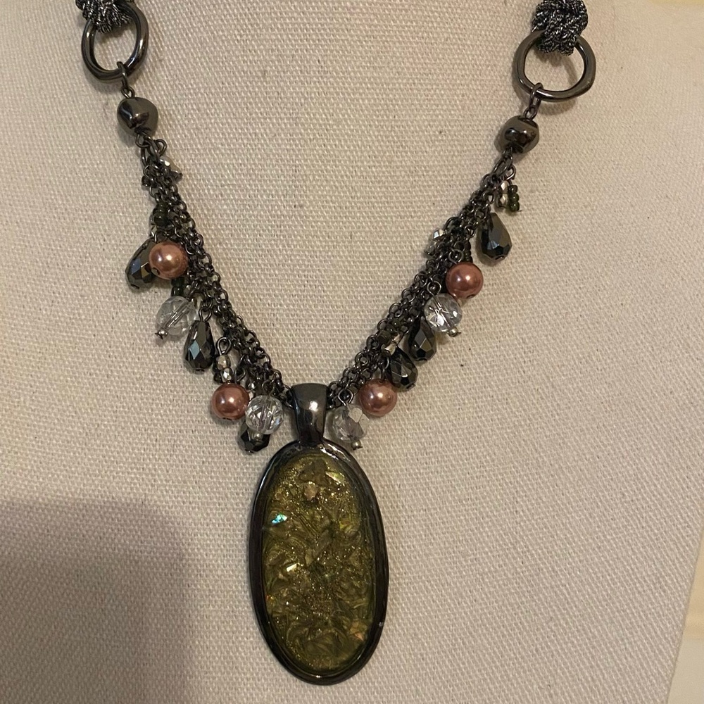 Olive Green Pendant Necklace with Gunmetal Chain